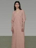 unspoken Breathable Linen Lyocell Blend Minimal A Line V-neck Pleated Women Maxi Dresses