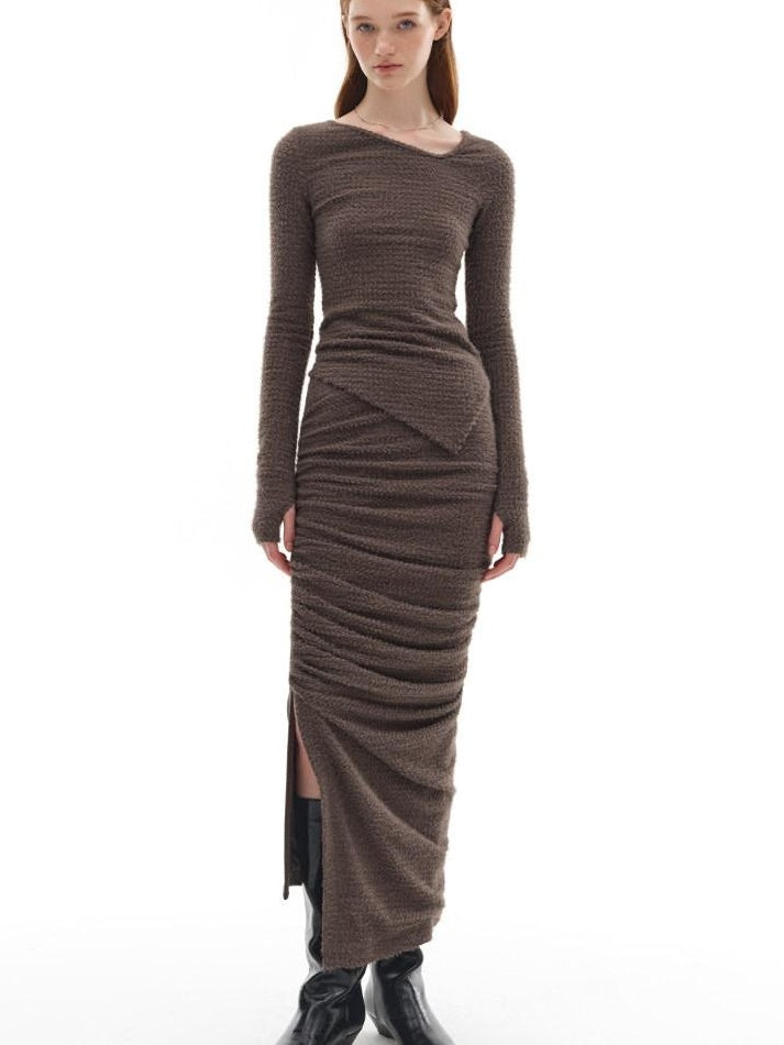 someone sometimes Slim Knit Minimal Casual Crewneck Long Sleeve Women Gray Top & Skirt Sets