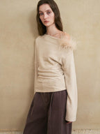 someonesometimes 3D Embellished Asymmetrical Neck Slim Crop Knit Wool Blend Sweaters