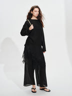 audreyyang Soft Viscose Blend Natural Waist Casual Flowy Women Black White Wide Leg Pants