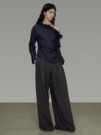 unspoken Warm Slanted Collar Loose Fit Long Sleeve Office Dark Blue Polyester Blouses