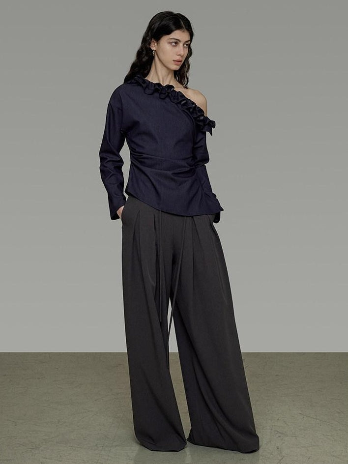 unspoken Warm Slanted Collar Loose Fit Long Sleeve Office Dark Blue Polyester Blouses