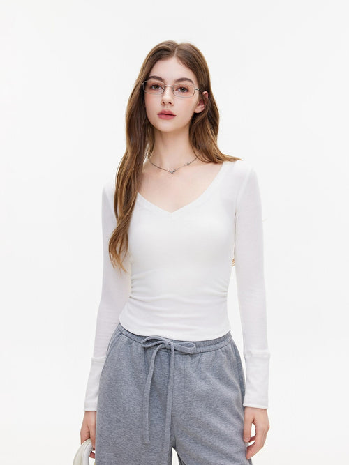 ikyou Breathable V-neck Slim White Pullover Women Cropped Long Sleeve Crop Tops