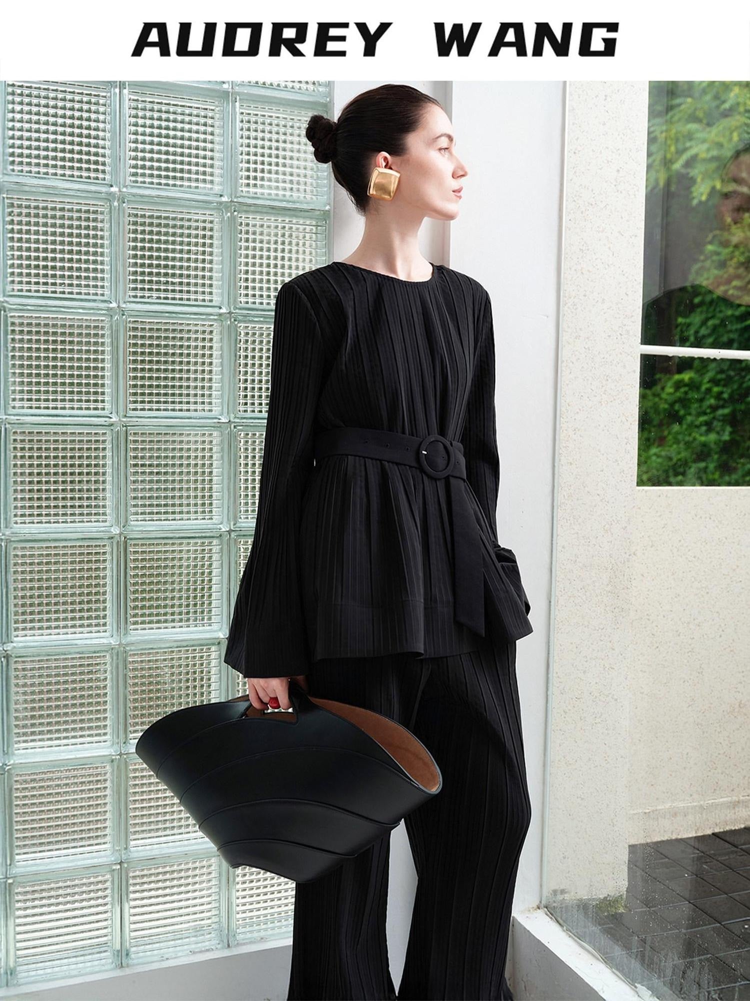 audreyyang Pleated Minimalist Office Loose Fit Bell Sleeve Women Black Polyester Blouses