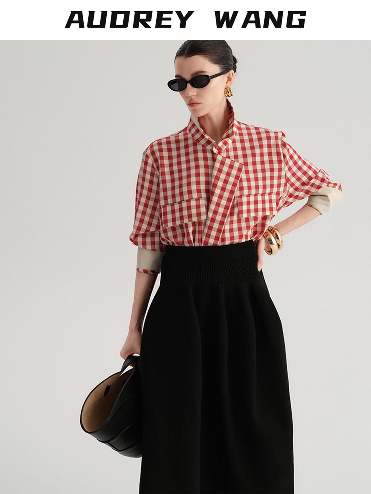 audreyyang Flattering High Waist A Line Solid Black Nylon Office Casual Women Maxi Skirts