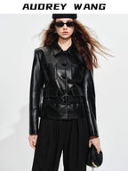 audreyyang Belted Lambskin Slim Fit Short Lapel Long Sleeve Black Genuine Leather Jackets