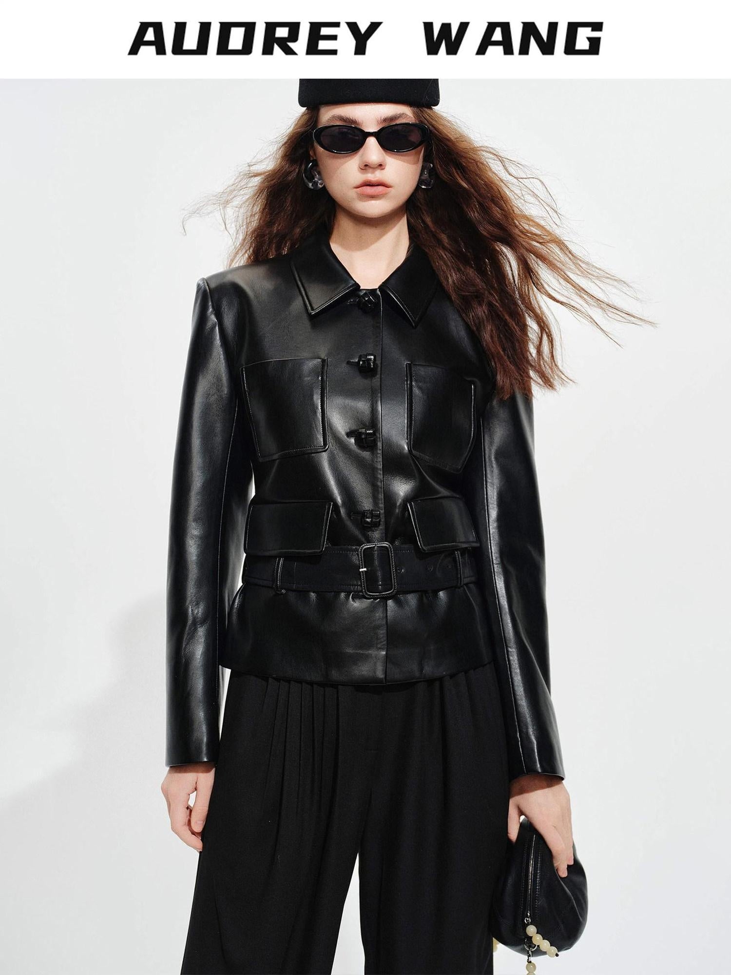 audreyyang Belted Lambskin Slim Fit Short Lapel Long Sleeve Black Genuine Leather Jackets