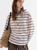 fano Cotton Blend Relaxed Loose Round Neck Women Striped Long Sleeve T-Shirts