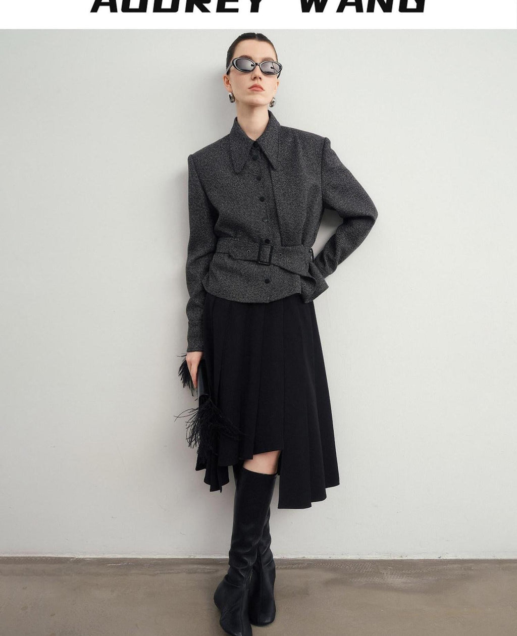 audreyyang Hand Pleated Lined Asymmetrical A Line Mid Waist Polyester Blend Midi Skirts