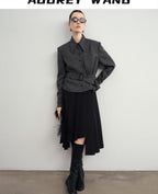 audreyyang Hand Pleated Lined Asymmetrical A Line Mid Waist Polyester Blend Midi Skirts