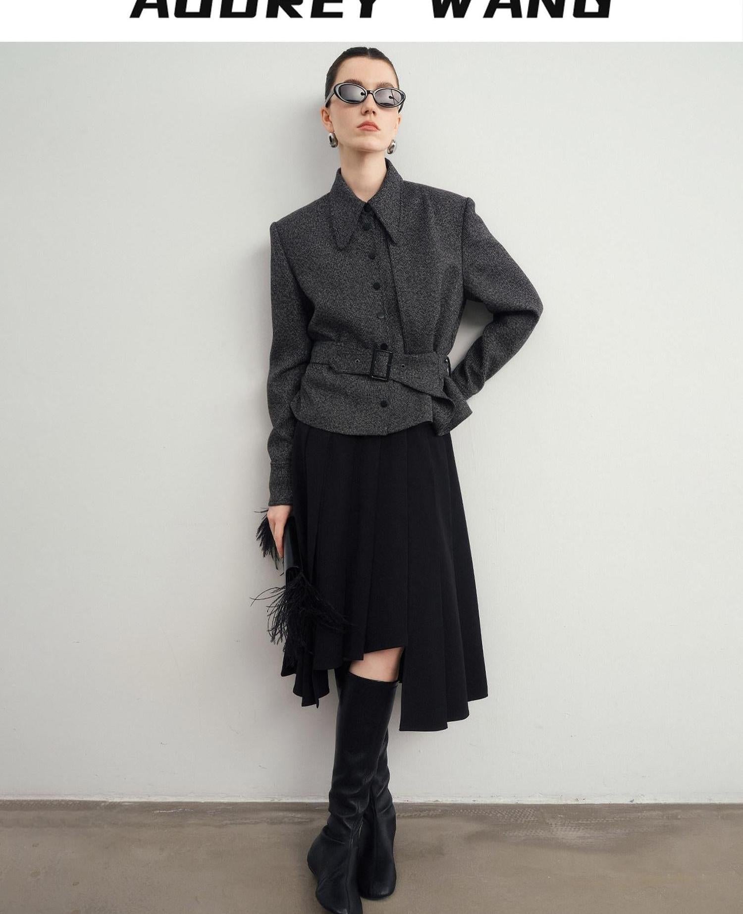 audreyyang Hand Pleated Lined Asymmetrical A Line Mid Waist Polyester Blend Midi Skirts