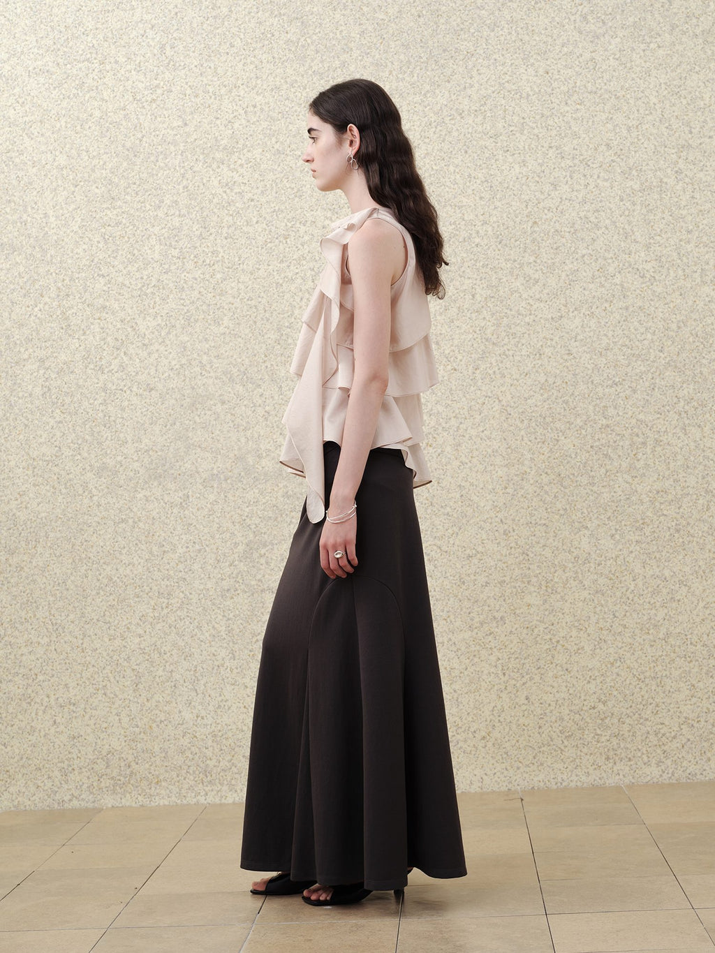 someonesometimes Ruffle One Shoulder Loose Tencel Modal Soft Mist Pink Women Top