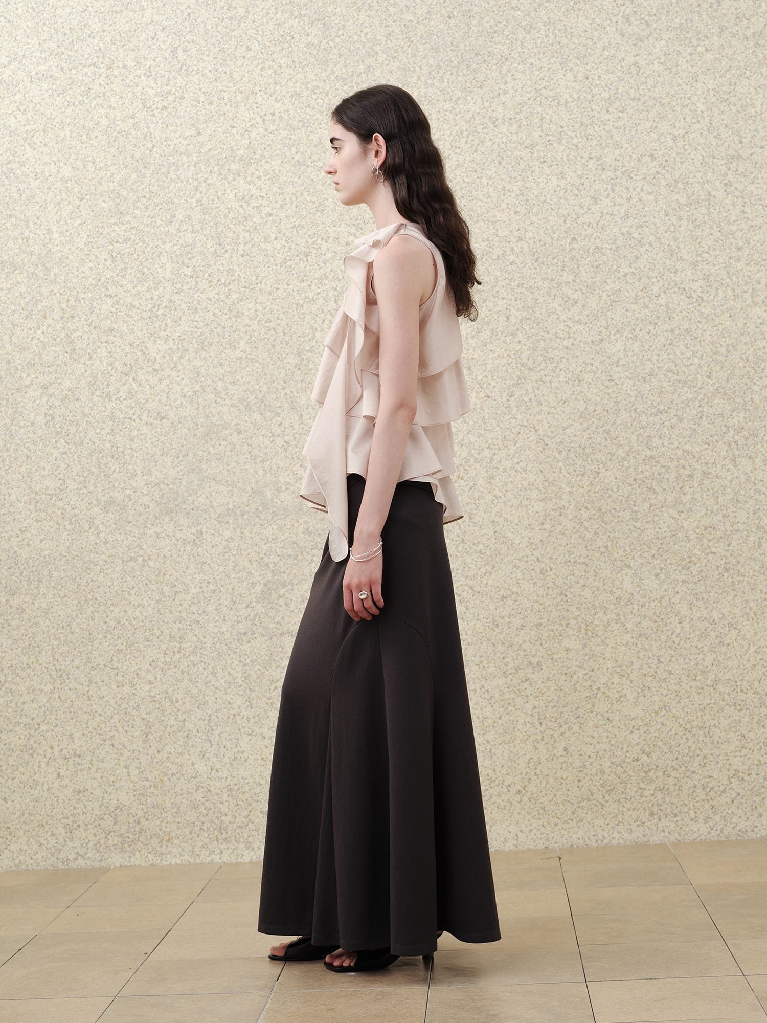someonesometimes Ruffle One Shoulder Loose Tencel Modal Soft Mist Pink Women Top