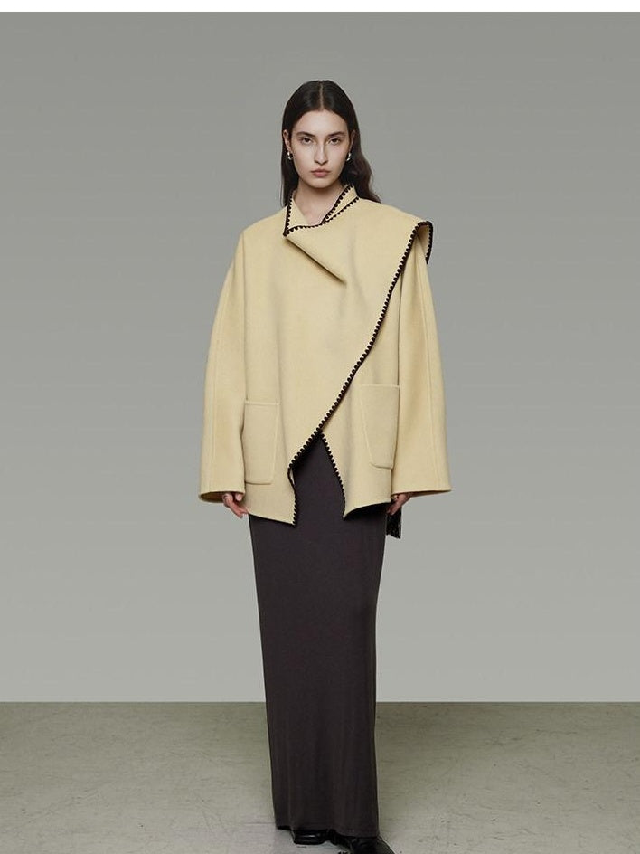 unspoken 100 Percent Wool Lightweight Minimal Commuter Loose Women Pale Yellow Wool Coats