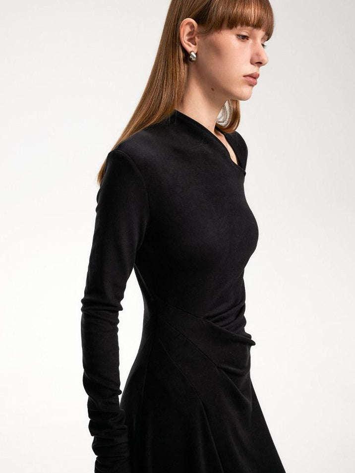 someone sometimes Elegant Long Sleeve Acrylic Blend Asymmetric Hem Women Black Maxi Dresses