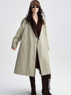 audreyyang Warm Thick Lapel Patchwork Slavic Loose Fit For Women Faux Fur Almond Long Coats