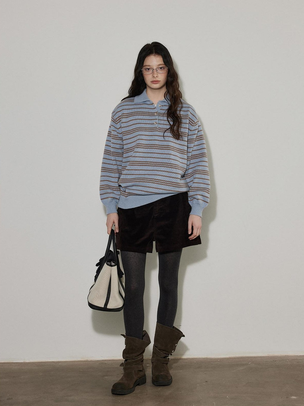 Lofi choose Cozy Striped Polo Collar Loose Fit Knit Pullover Workwear Acrylic Sweaters