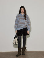 Lofi choose Cozy Striped Polo Collar Loose Fit Knit Pullover Workwear Acrylic Sweaters