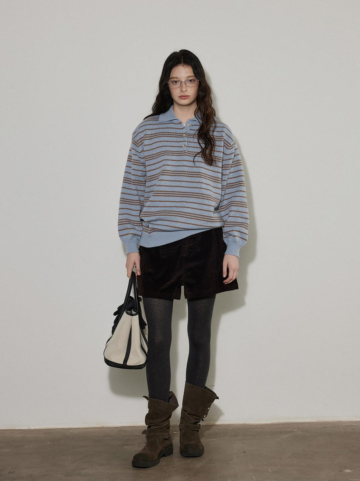 Lofi choose Cozy Striped Polo Collar Loose Fit Knit Pullover Workwear Acrylic Sweaters