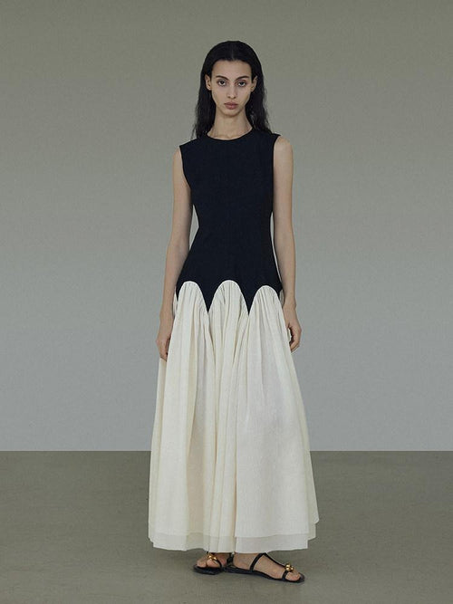 unspoken Colorblock High Waist Minimalist A Line Round Neck Office Ready Maxi Dresses
