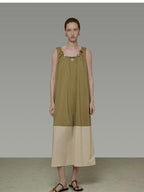 unspoken Khaki Beige Colorblock Sleeveless H Line Round Neck Loose Waist Maxi Dresses