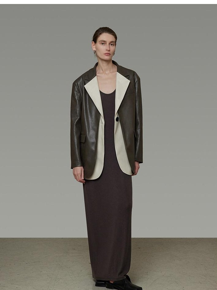 unspoken Soft Viscose Blazer Collar Relaxed Fit Commuter Women Brown Leather Jackets