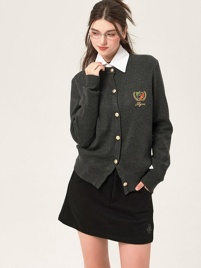 ikyou Embroidered V-neck Minimal Office Knit Button Front Long Sleeve Cardigans
