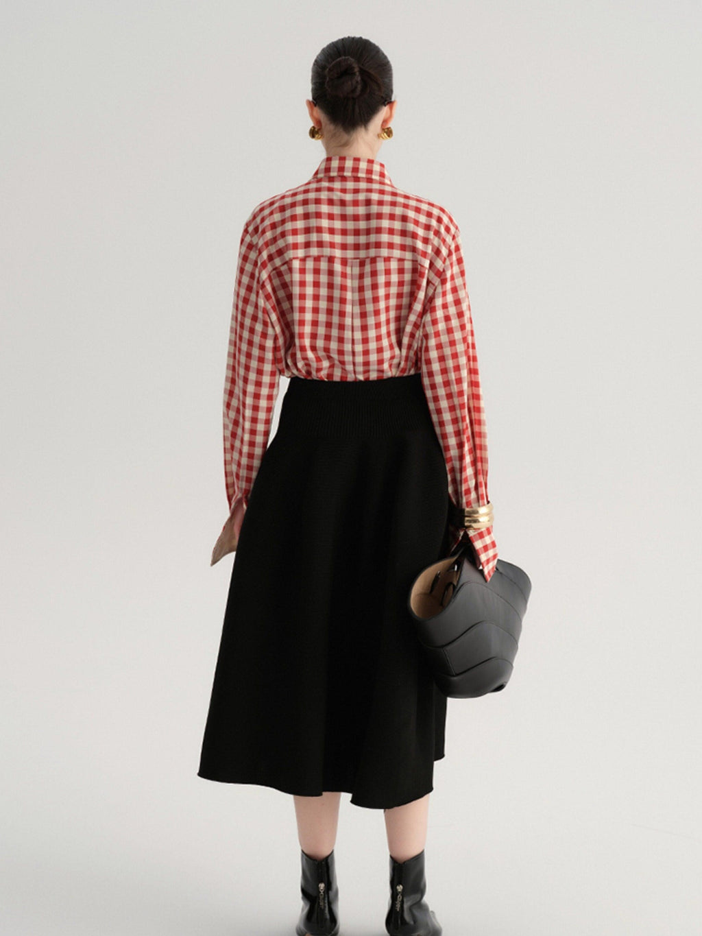 audreyyang Flattering High Waist A Line Solid Black Nylon Office Casual Women Maxi Skirts