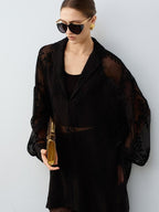 audreyyang Chic Two Piece Polyester V-neck Long Sleeve Set Women Black White Wide Leg Pants