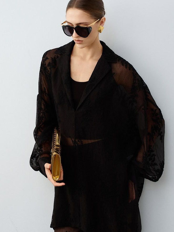 audreyyang Chic Two Piece Polyester V-neck Long Sleeve Set Women Black White Wide Leg Pants
