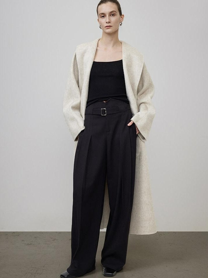 unspoken Warm Wool Rabbit Silk Blend Tie Waist Straight Cut Minimal Commuter Long Coats