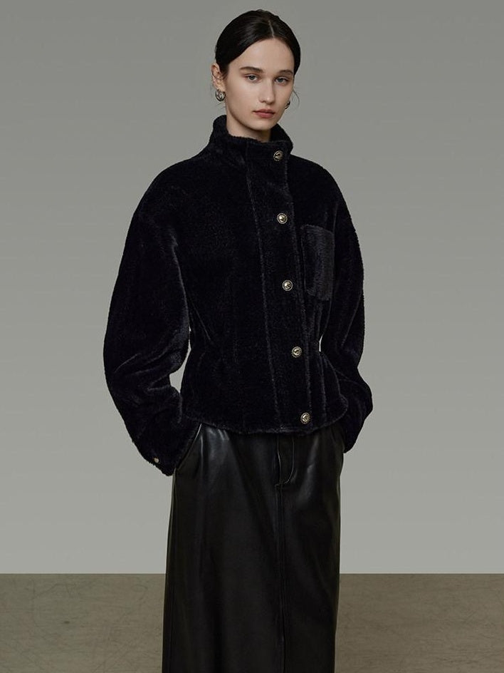 unspoken Thick 3D Tailored Slim Stand Collar Women Black Single Breasted Short Coat