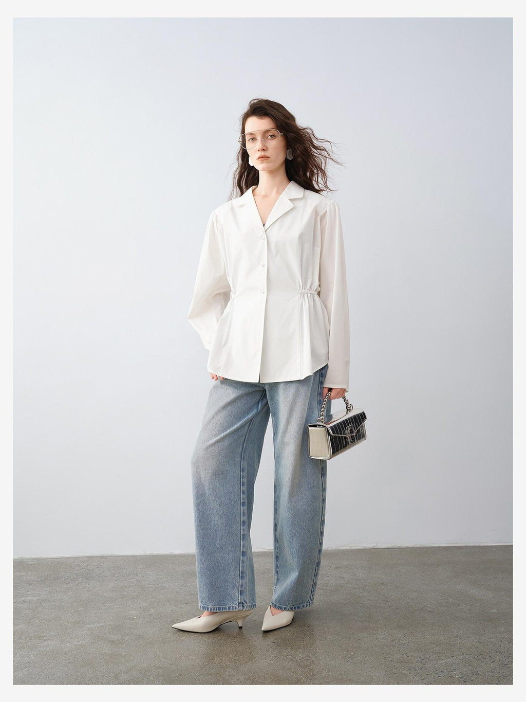 audreyyang Durable Viscose Slim Waist Casual Lapel Button Long Sleeve Blouses