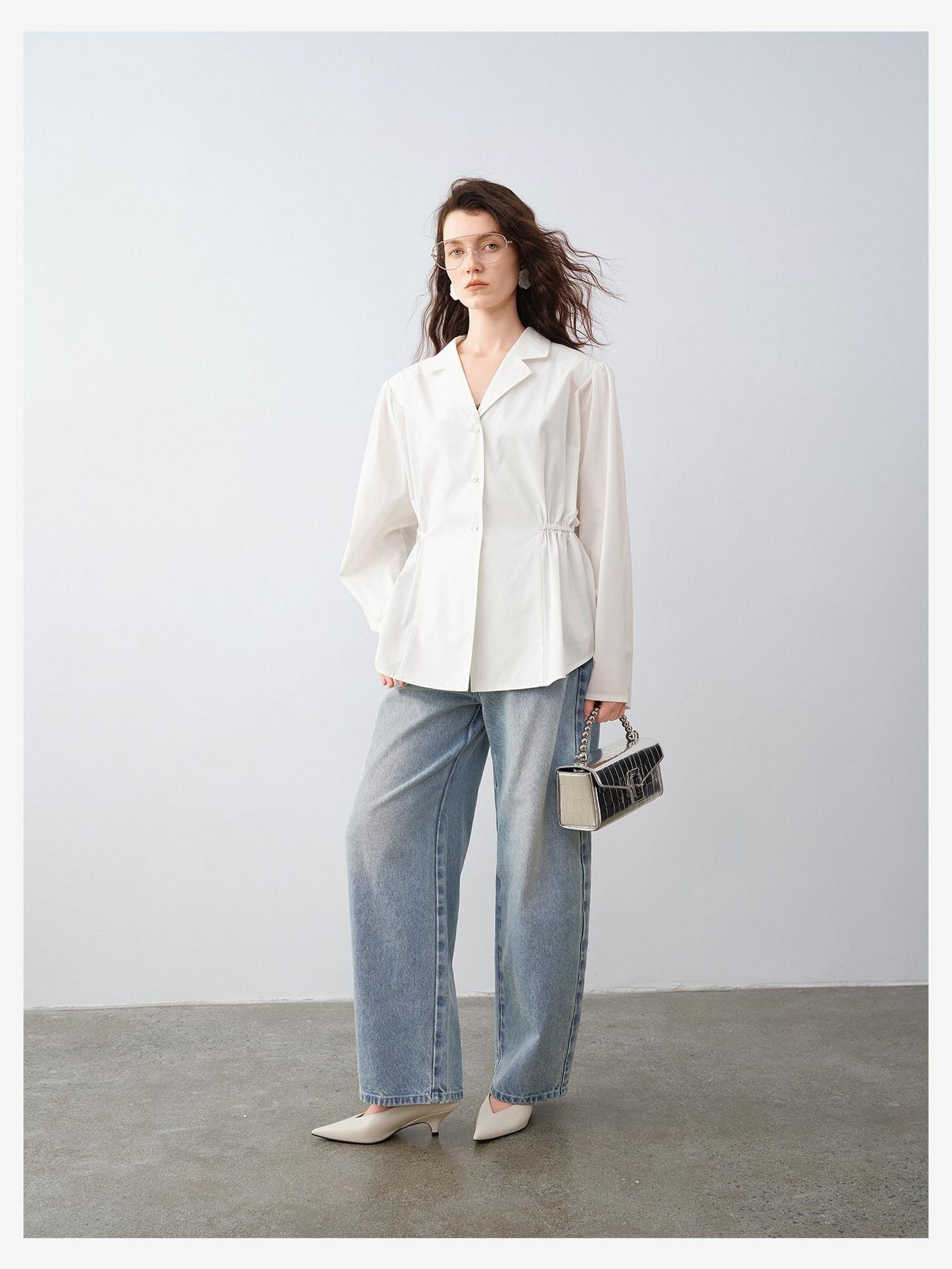 audreyyang Durable Viscose Slim Waist Casual Lapel Button Long Sleeve Blouses