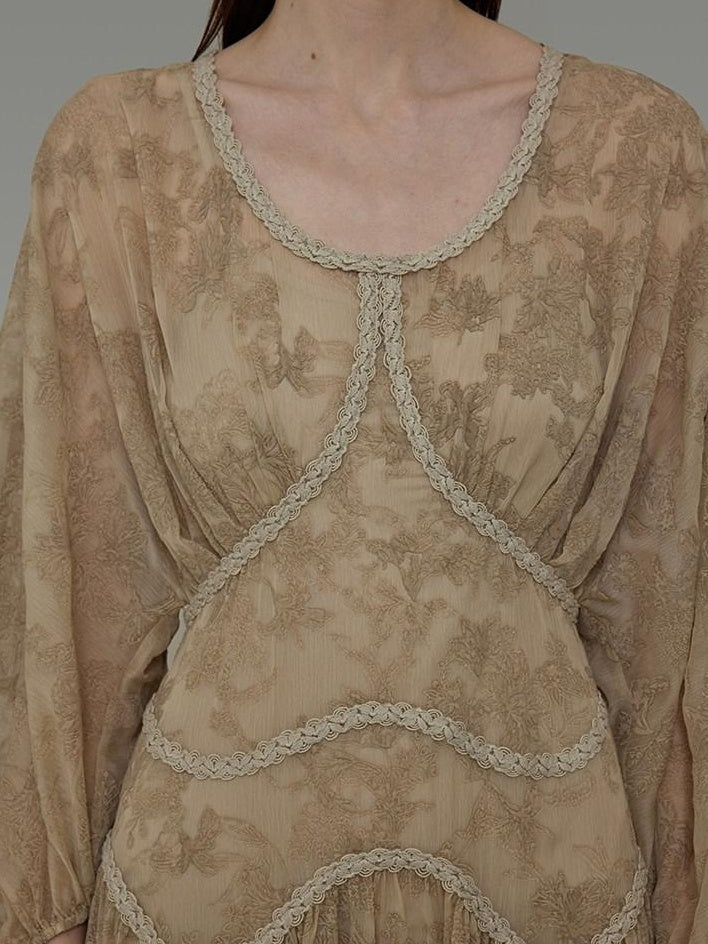 unspoken Casual Jacquard A Line Natural Waist Long Sleeve U Neck Khaki Women Maxi Dresses