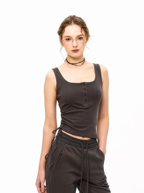 ikyou Embroidered Cropped Slim Fit Workwear Cotton Stretch Dark Gray Women Tank Tops