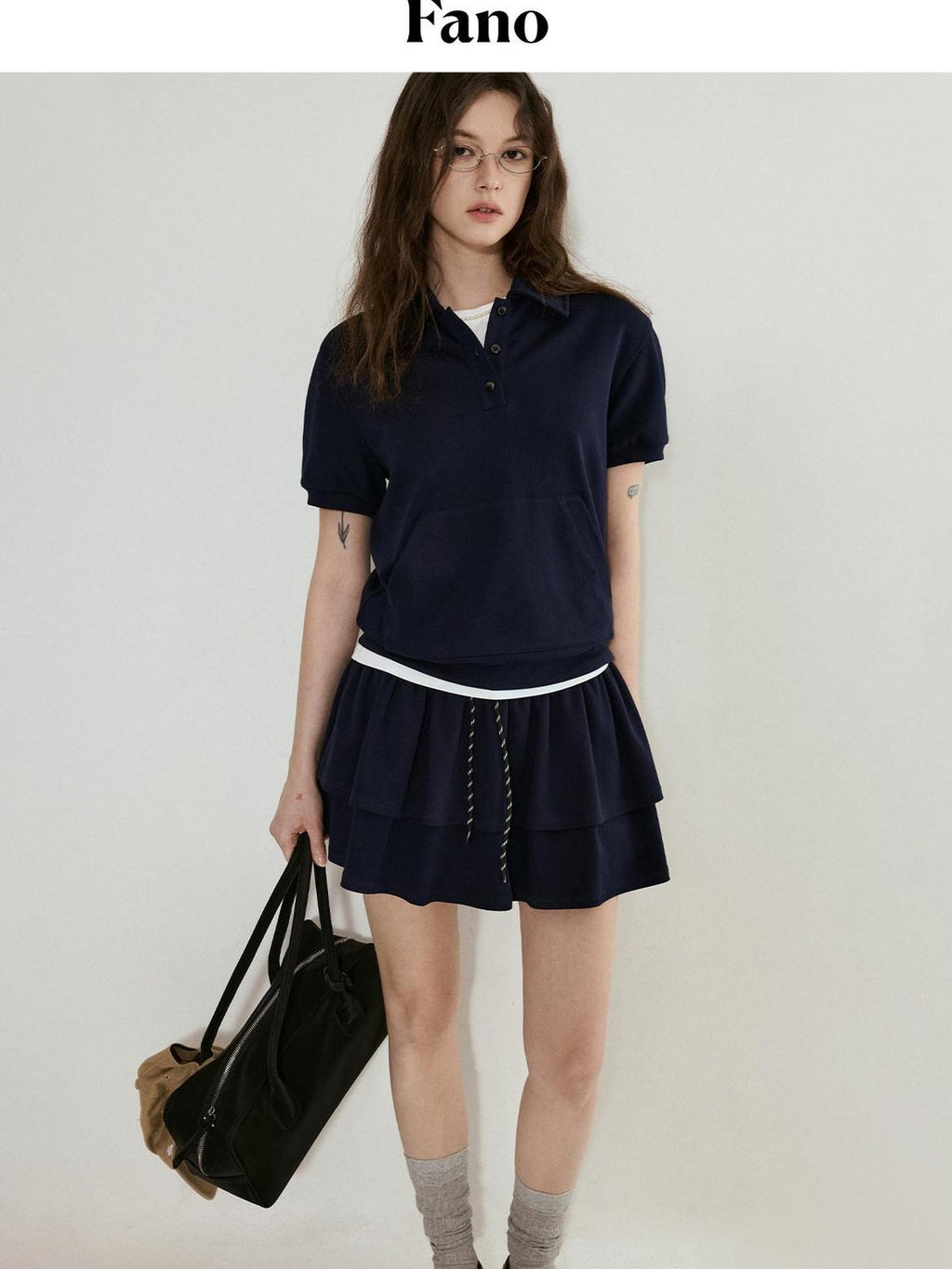 fano Navy Polo Short Sleeve Two Piece Pullover Mini Skirt For Women Top & Skirt Sets