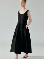 fano Pure Cotton U Neck Sleeveless A Line Korean Office Dress Women Black Maxi Dresses