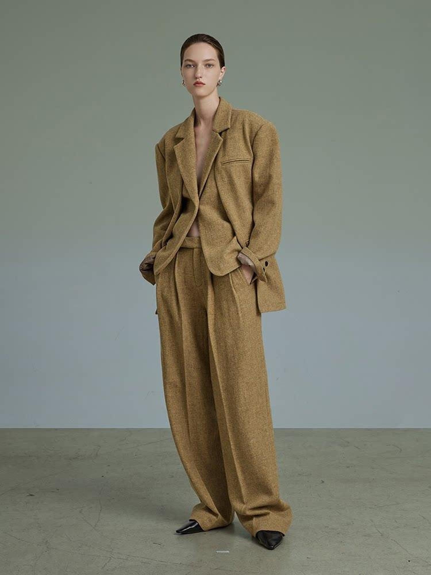 unspoken Wool Single Button Notched Lapel Loose Fit Rice Yellow Young Women Blazers