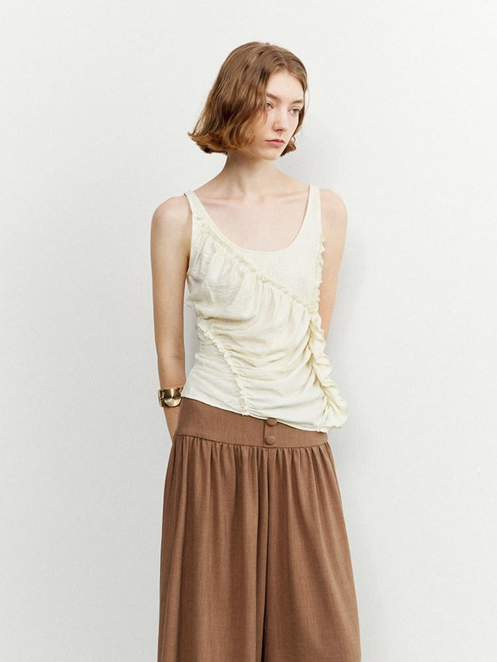 someone sometimes Ruffled Lettuce Edge Slim Fit Original Design Viscose Blend Cream Tank Tops