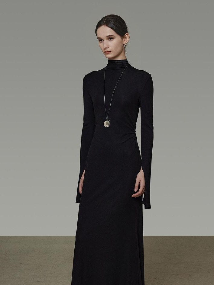 unspoken Soft Breathable Viscose Knit High Waist Aline Slim Black Maxi Dresses