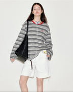 fano Moisture Wicking Casual Loose Patchwork Stripe Black Womens Long Sleeve T-Shirts