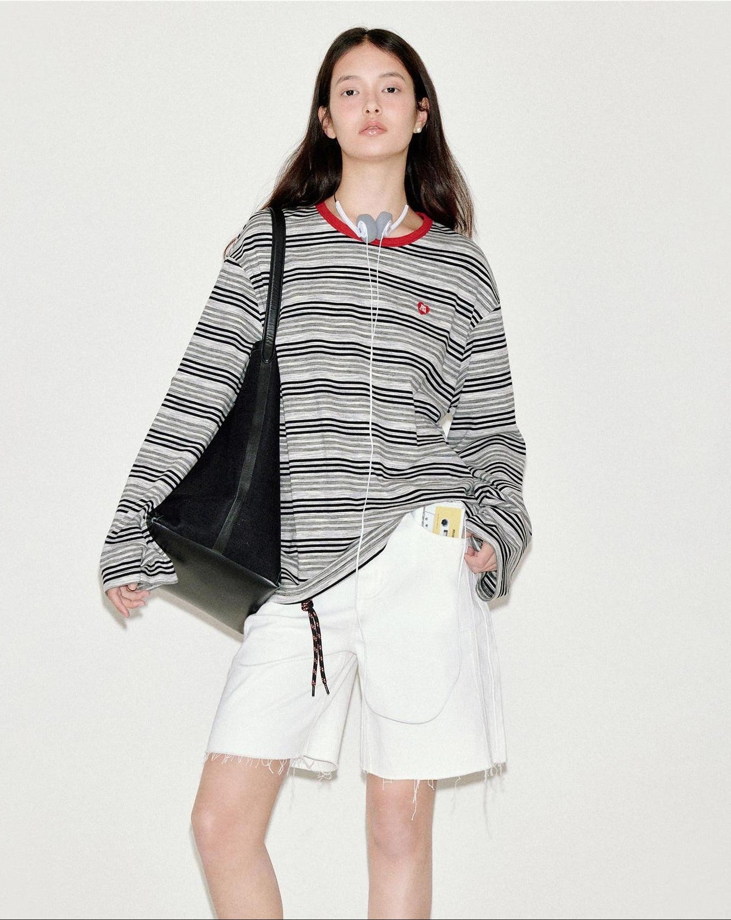 fano Moisture Wicking Casual Loose Patchwork Stripe Black Womens Long Sleeve T-Shirts