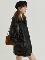 fano Thick Commuter Loose Fit Zipper Long Sleeve Women Black Leather Jackets