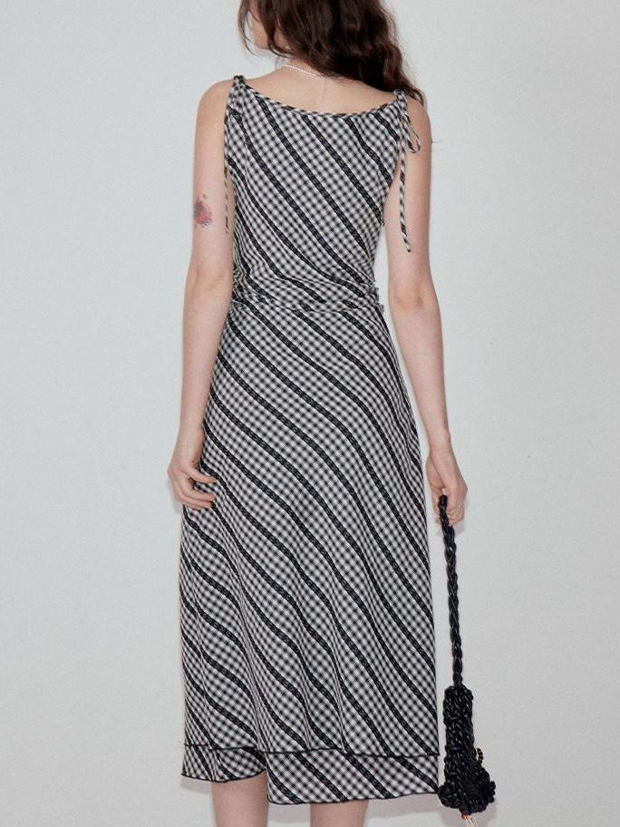 fano Plaid Waist Defining Korean Office A Line Round Neck Casual Women Maxi Dresses