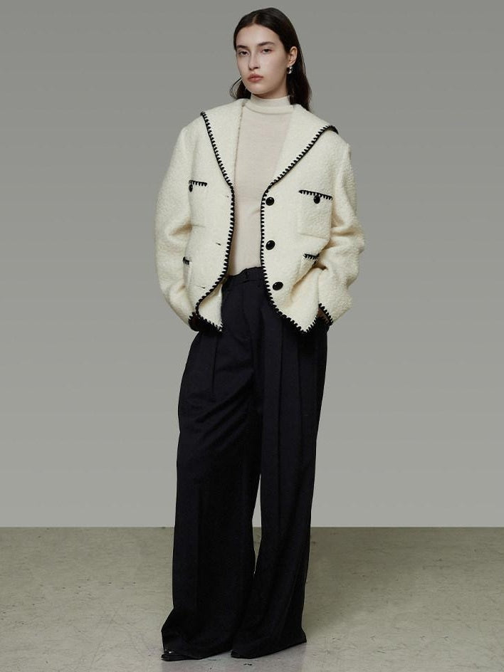 unspoken Lambswool Blend Tailored Loose Minimal Notch Collar Officewear Women Wool Coats