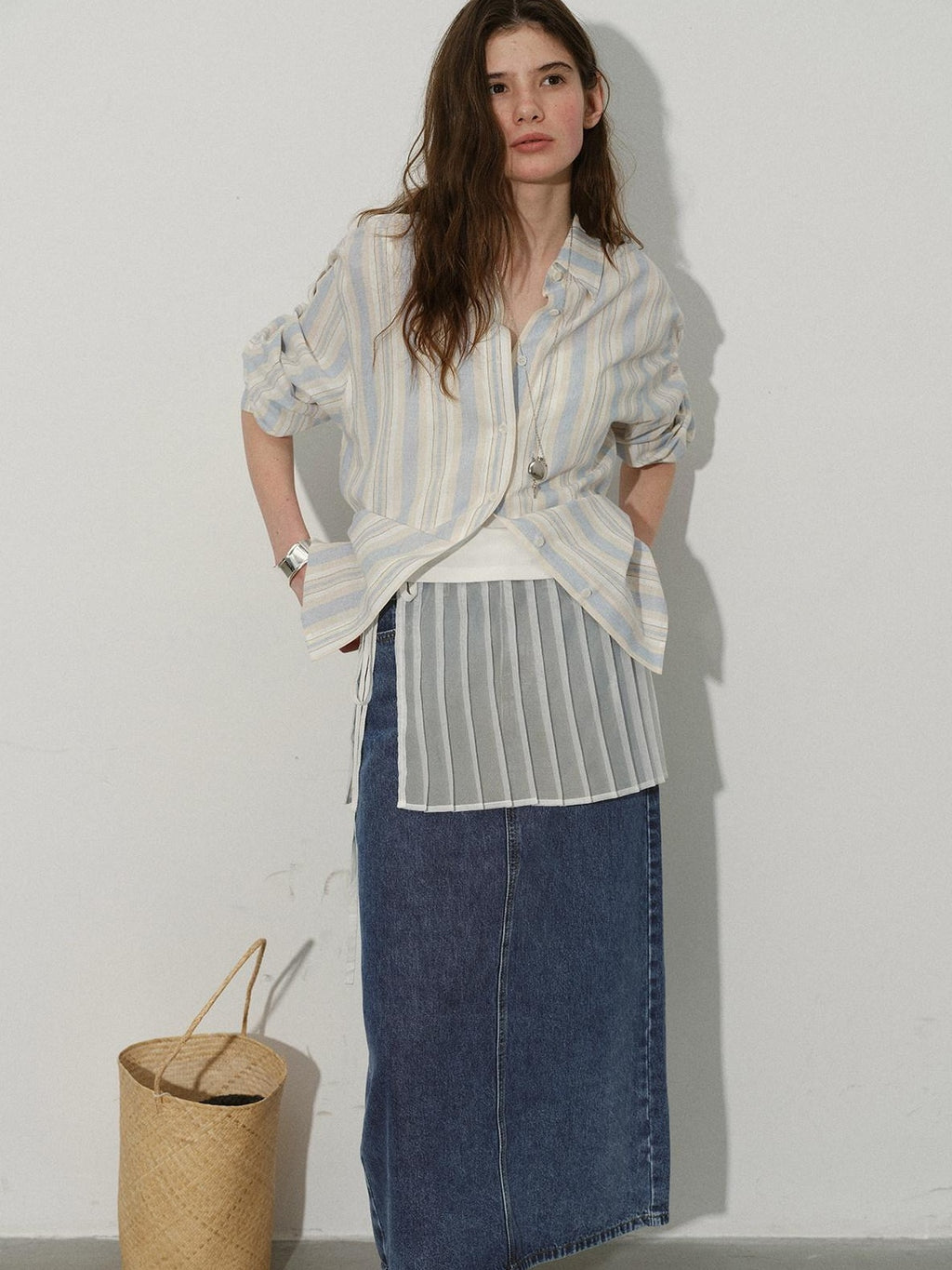 Lofi choose 100 Percent Cotton Loose Colorblock Women Blue Stripe Lapel Long Sleeve Shirts