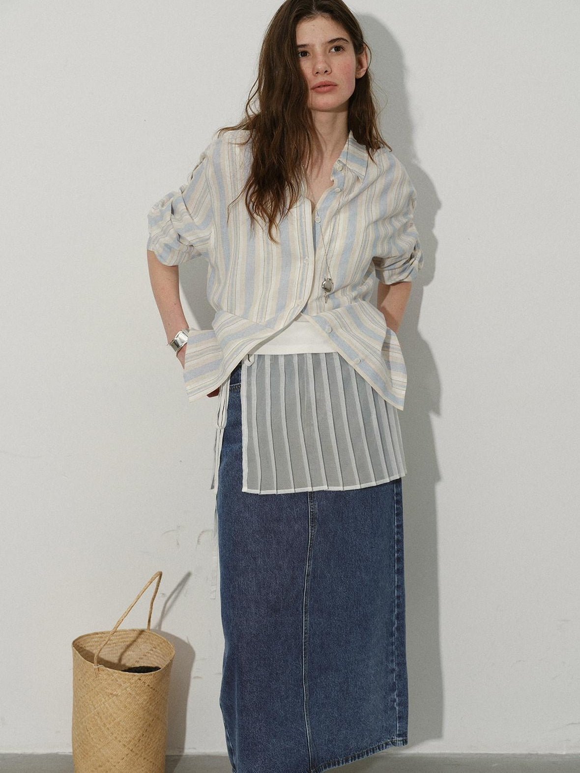 Lofi choose 100 Percent Cotton Loose Colorblock Women Blue Stripe Lapel Long Sleeve Shirts