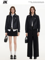 ikyou Glossy Slim Fit Androgynous Pu Black Short Lapel Zipper Daily Leather Jackets