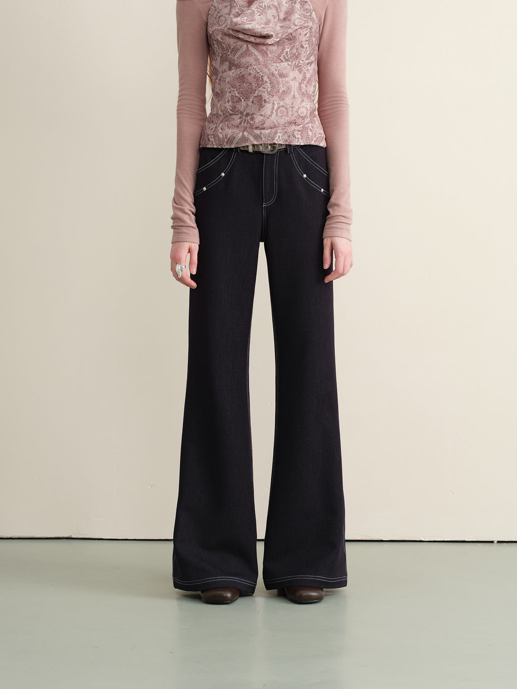 someone sometimes Stretch Minimal Natural Waist Topstitch Detail Women Midnight Blue Flared Jeans